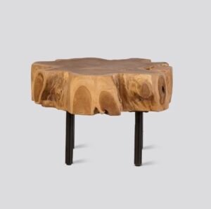 Table d’appoint ROOT en teck recyclé avec pieds en fer noir, design éthique