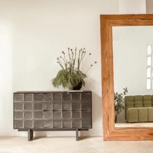 Grand miroir rectangulaire artisanal en teck recyclé