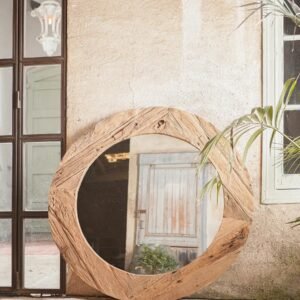Miroir rond EROSI 130 cm en teck recyclé, design artisanal et écoresponsable