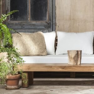 Meuble en bois éthique, Canapé extérieur 2 places en teck recyclé et tissu oléfine, fabrication artisanale et durable
