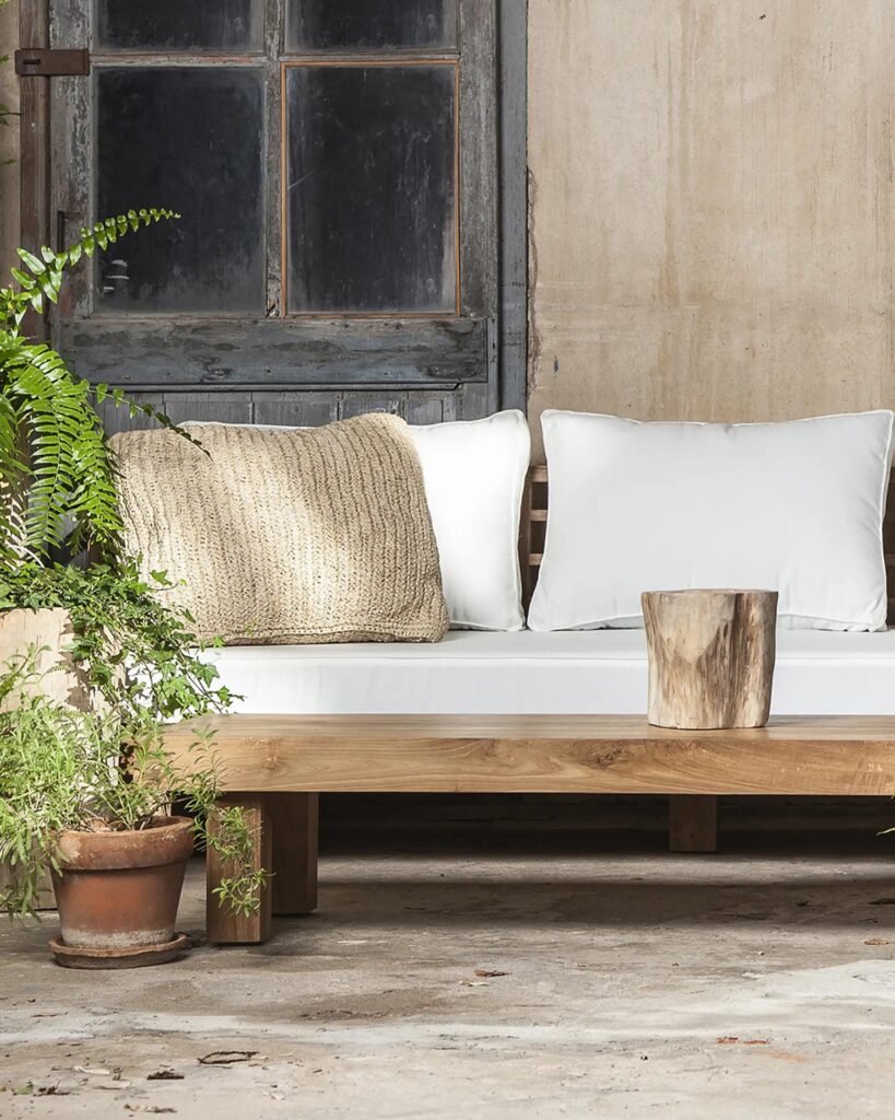 Meuble en bois éthique, Canapé extérieur 2 places en teck recyclé et tissu oléfine, fabrication artisanale et durable