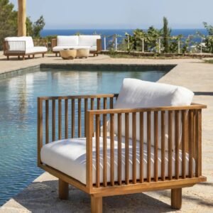 Canapé 1 place en teck recyclé et oléfine recyclée, fabriqué à la main, pour terrasse ou jardin. mobilier artisanal outdoor