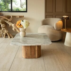 Table basse en marbre et acacia naturel – 80x80 cm