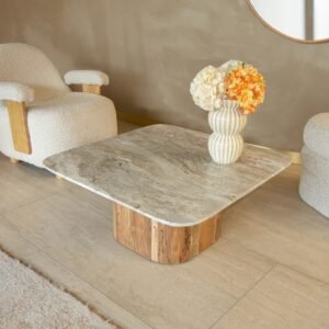 Table basse en marbre et acacia naturel – 80x80 cm – Image 3