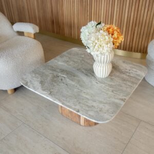 Table basse en marbre et acacia naturel – 80x80 cm – Image 4