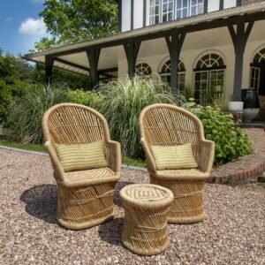 Ensemble de 2 fauteuils en bambou Zamzebe – avec coussins en coton block print – 66 x 50 x 90 cm