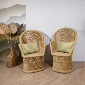 Ensemble de 2 fauteuils en bambou Zamzebe – avec coussins en coton block print – 66 x 50 x 90 cm – Image 2